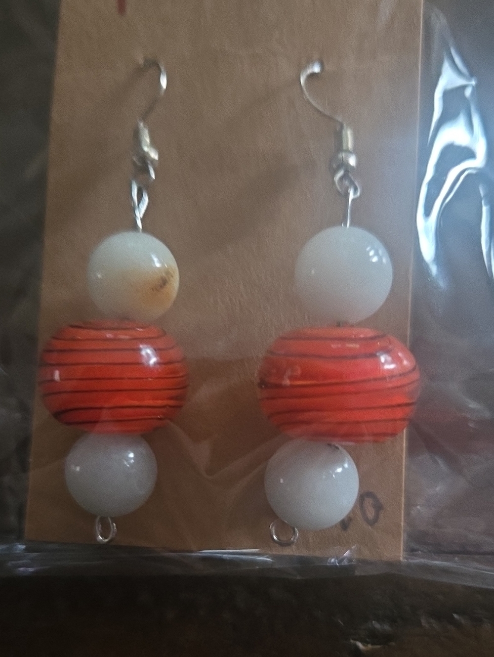Handmade White and Orange Bead Drop Earrings